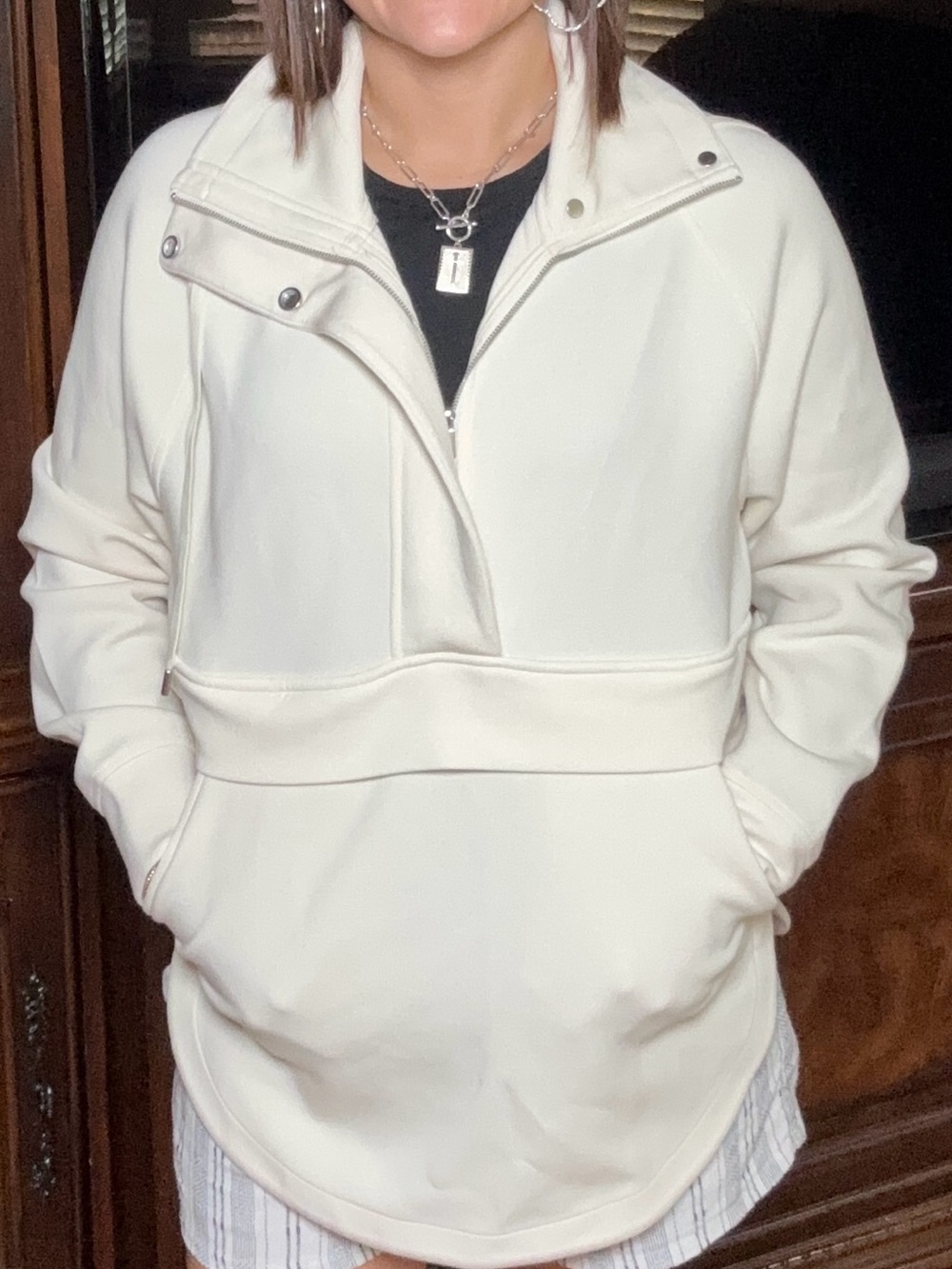 Alia Cream Half-Zip Bomber Pullover Jacket